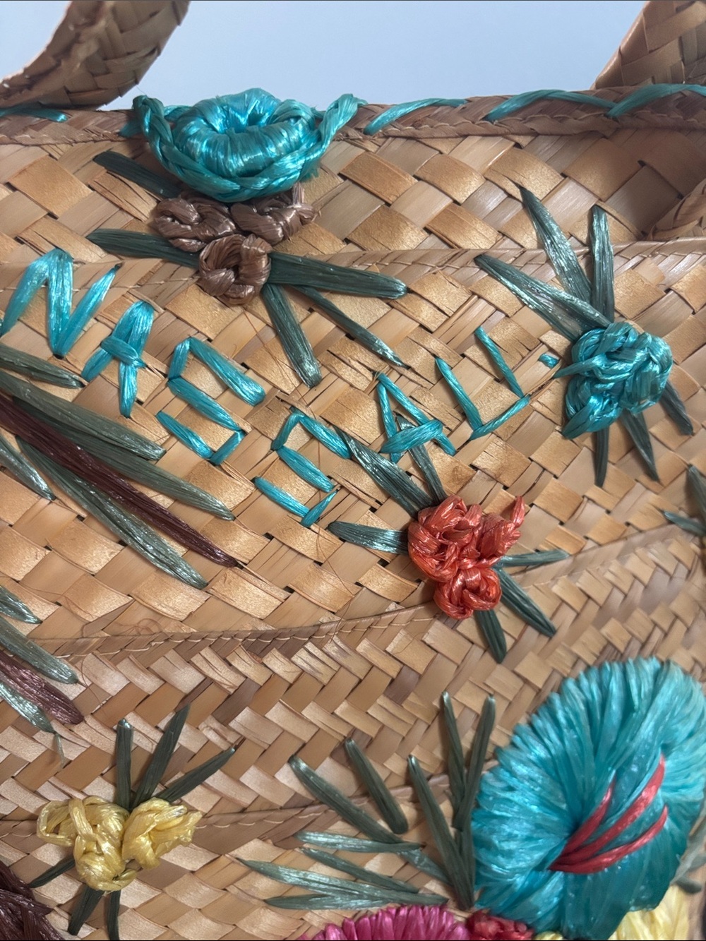 Vntg 1960s Nassau Bahamas Straw Beach Tote – Colorful Raffia Floral & Palm Tree - Picture 5 of 8